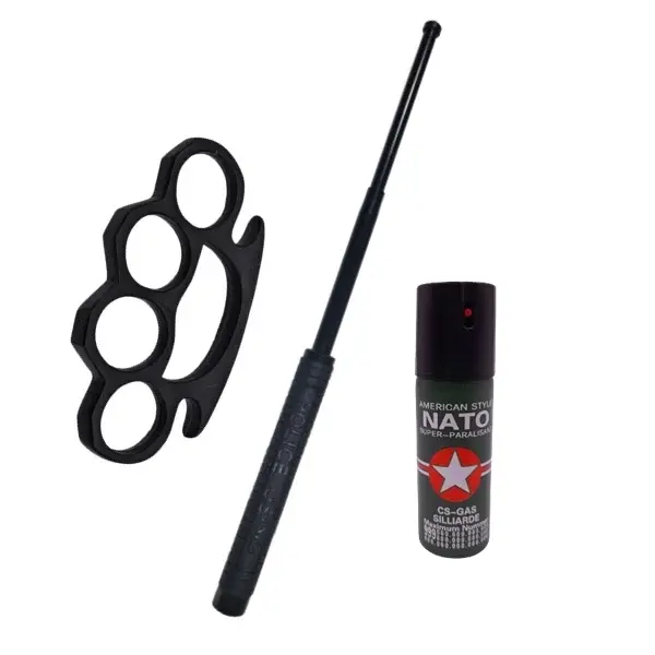 Set 3 accesorii autoaparare DEPOX , baston telescopic otel, 50 cm, box si spray paralizant iritant