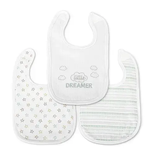 Set 3 bavete bumbac pentru nou-nascut Lorelli, inchidere cu velcro, potrivit pentru hranire si in perioada eruptiei dentare, 0 luni+, Alb