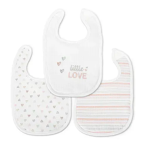Set 3 bavete bumbac pentru nou-nascut Lorelli, inchidere cu velcro, potrivit pentru hranire si in perioada eruptiei dentare, 0 luni+, Roz