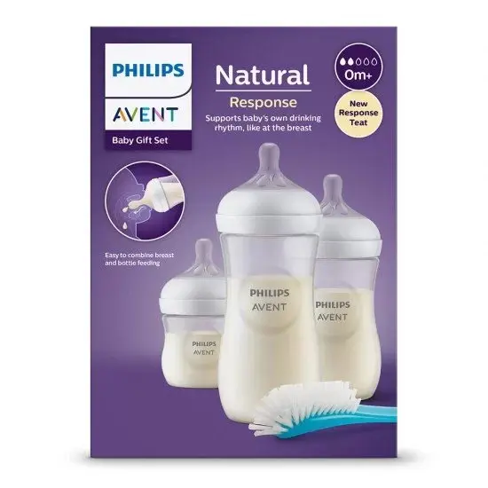 Set 3 biberoane Philips Avent - Natural Response 3.0, cu perie