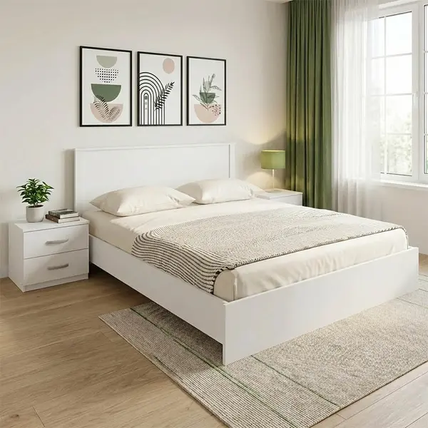 Set 3 buc. dormitor cadru pat si noptiere, Athos, Alb, 170x206.5x96 cm