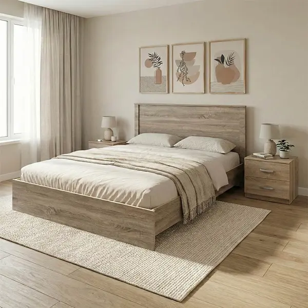 Set 3 buc. dormitor cadru pat si noptiere, Athos, Stejar, 150x206.5x96 cm