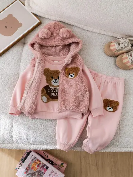 Set 3 buc. pentru bebeluși, fetiță, drăguț, negru, cu blană, model de desene animate, vestă cu glugă și pantaloni cu talie elastică, ținută de toamnă/iarnă - Roz / 2-3ani