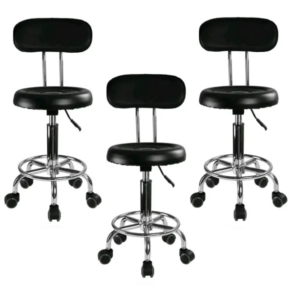 Set 3 bucati - Scaun hidraulic cu spatar si roti, Negru, Taburet rotativ, Pentru salon, Cosmetica, Manichiura, Pedichiura, Frizerie, Coafor, Cu suport pentru picioare