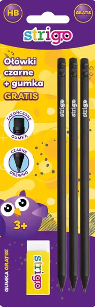 Set 3 creioane HB cu guma de sters alba, blister