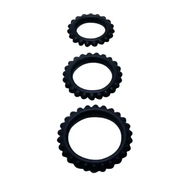 Set 3 inele pentru penis BAILE Titan, pentru întârzierea ejaculării, din silicon, diametre 1.9 cm, 2.4 cm și 2.8 cm, negru