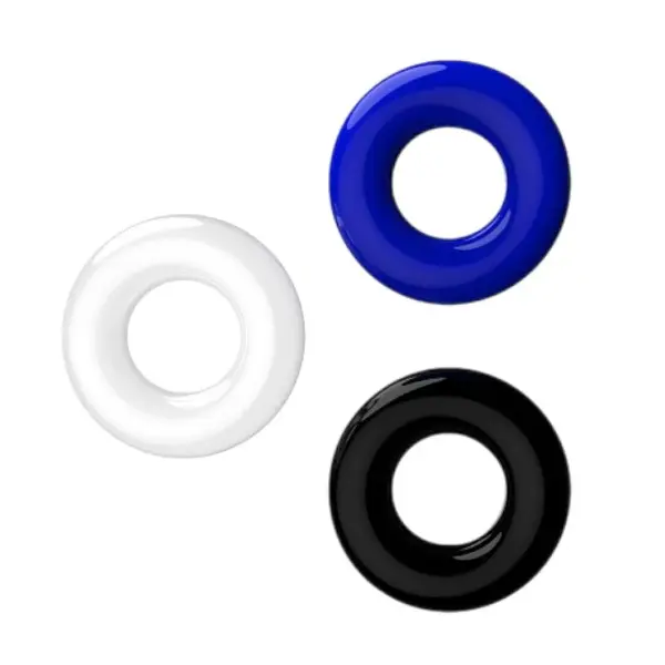 Set 3 inele pentru penis LOVING JOY Doughnut Cock Rings, din TPR, diametru 1.6 cm, culori albastru, alb și negru