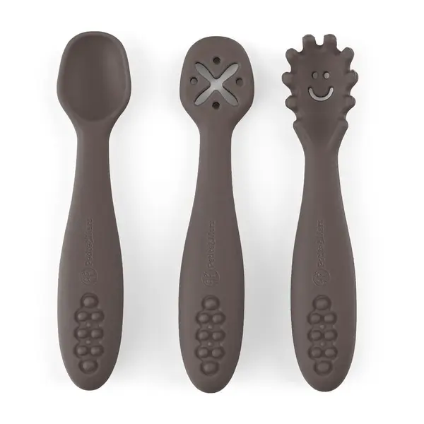 Set 3 lingurite, Petite&Mars, Take&Match, Din silicon, Diverse forme, Pentru supa, paste, alimente usoare, Dezvolta simturile si abilitatile senzoriale, Adecvate pentru masina de spalat vase, Fara BPA, 6 luni+, Bitter Cocoa, Maro