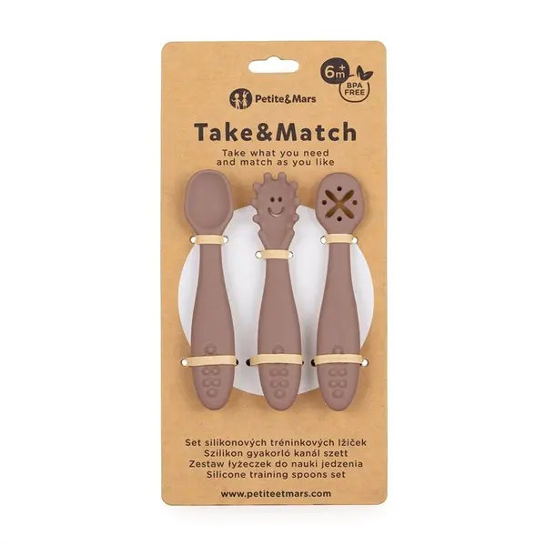 Set 3 lingurite PetiteMars Velvet Latte Maro TakeMatch din silicon, pentru supa, paste, alimente usoare, fara BPA, 6 luni+
