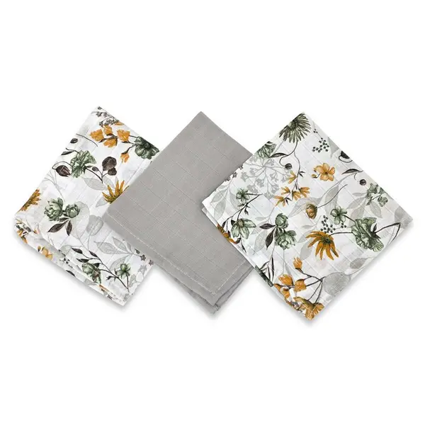 Set 3 museline, Qmini, Multifunctionale, Din bumbac certificat Oeko Tex Standard 100, 30x30 cm, Botanica si Grey
