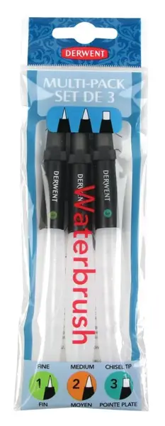 Set 3 pensule cu rezervor de apa Derwent Professional alb Set 3 pensule cu rezervor de apa Derwent Professional premium varf fin mediu si tip dalta