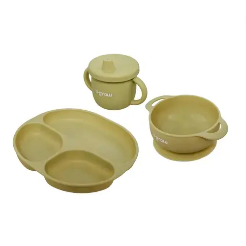 Set 3 piese silicon U-Grow UG-SET15OV, bol, farfurie si cana cu cioc