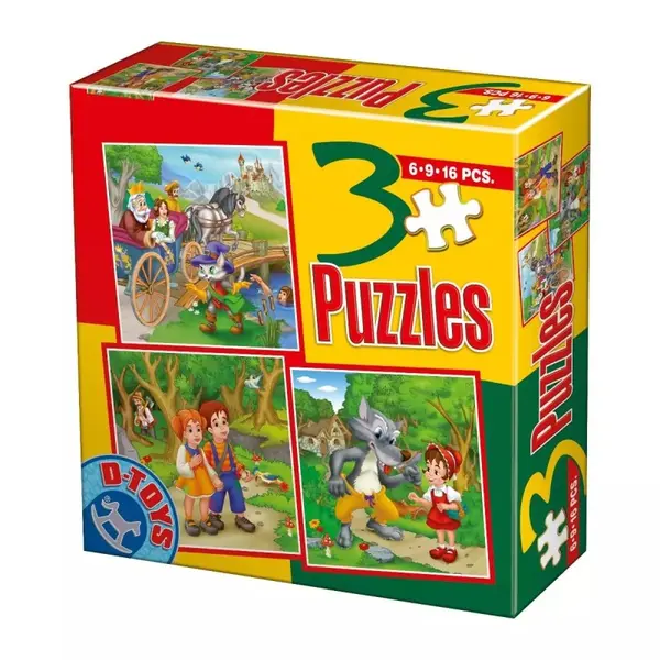 Set 3 Puzzle-uri Basme: Scufita Rosie, Hansel si Gretel, Motanul Incaltat, D-toys