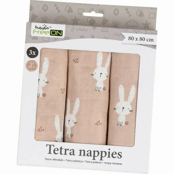 Set 3 scutece Bubaba Tetra Beige Bunnies din bumbac 80x80 cm