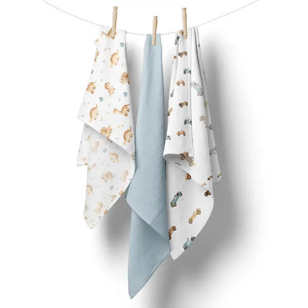 Set 3 scutece multifunctionale Bocioland Blue 70x70 cm din muselina 100 bumbac,suprafata texturata,moale si absorbanta
