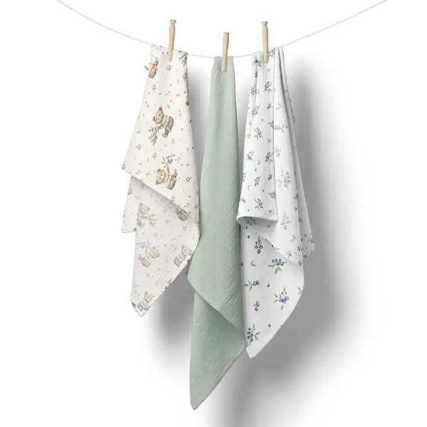 Set 3 scutece multifunctionale Bocioland Green 70x70 cm din muselina 100 bumbac,suprafata texturata,moale si absorbanta