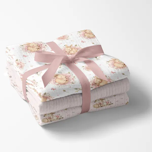 Set 3 scutece multifunctionale Bocioland Roz 70x70 cm din muselina 100 bumbac,suprafata texturata,moale si absorbanta