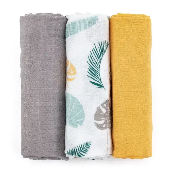 Set 3 scutece PetiteMars din muselina de bambus Moussy Ochre Leaves hipoalergenice 68 x 68 cm Multicolor