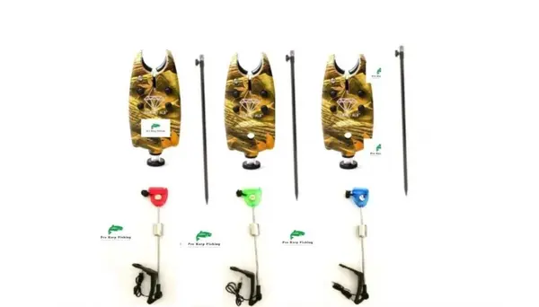 Set 3 senzori /avertizori pescuit, baterii 9v cu 3 swingere cu led si 3 picheti