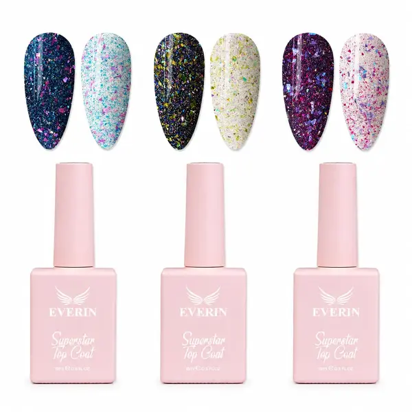Set 3 Superstar Top Coat Everin SST2 - Hadid, Jennie, Kimora cu Efect Flakes