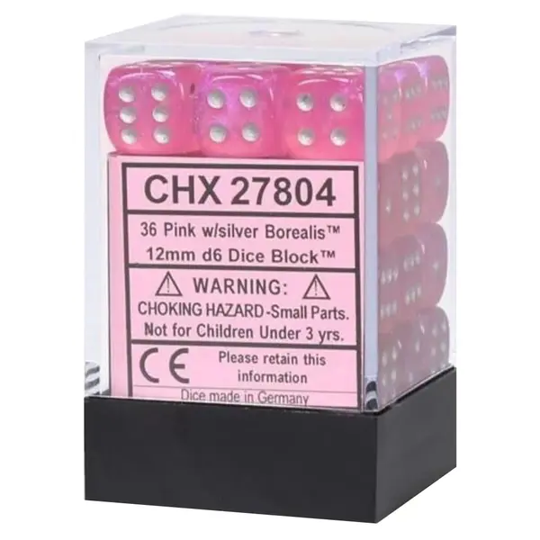 Set 36 Zaruri Chessex Borealis 12mm d6 - Luminary - Roz/Argintiu