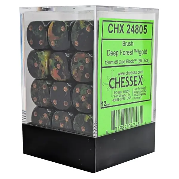 Set 36 Zaruri Chessex Brush d6 Dice 12mm - Deep Forest/Auriu
