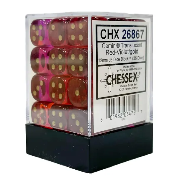 Set 36 Zaruri Chessex Gemini 12mm d6 Translucent - Rosu-Violet/Auriu