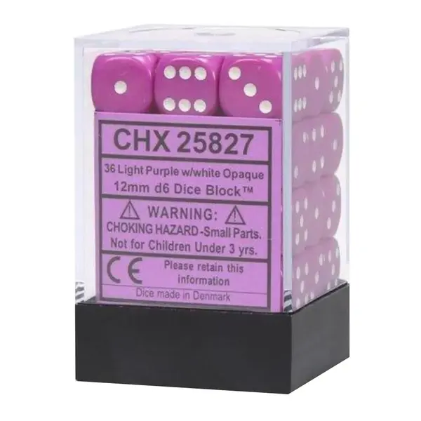 Set 36 Zaruri Chessex Opaque 12mm d6 Dice Block - Mov deschis/Alb
