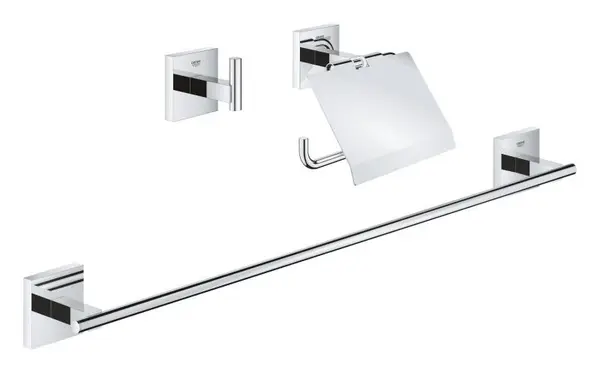 Set 3in1 accesorii Grohe Start Cube 41124000, bara, agatatoare, suport hartie igienica, montare pe perete, Crom
