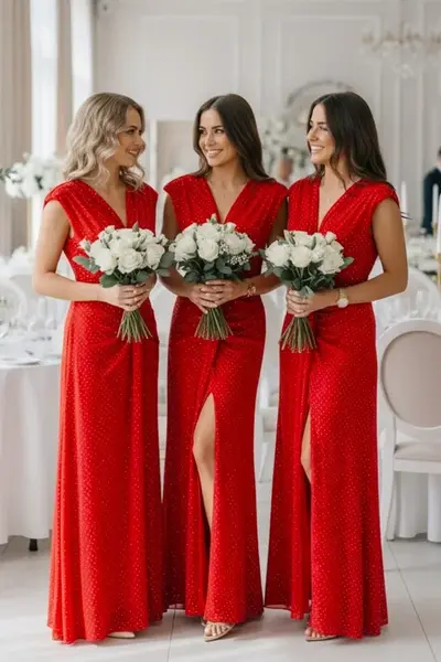 Set 3x Rochie de ocazie decoltata JHOSY, cu paiete, Rosu, Marime S/M