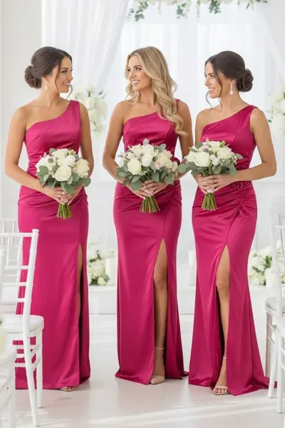 Set 3x Rochie satinata de seara, JoeLLe, din colectia domnisoare de onoare, Rosu, Marime S/M