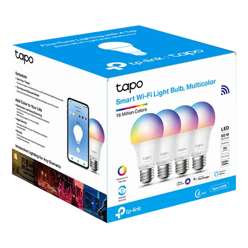 Set 4 becuri smart Wi-Fi, RGB, intensitate ajustabila, 2700-6500K, 806 lm, E27 - TP-Link Tapo TapoL530E(4-pack)