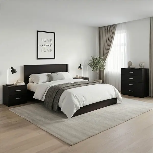 Set 4 buc. dormitor cadru pat si noptiere + comoda, Athos, Wenge, 150x206.5x96 cm