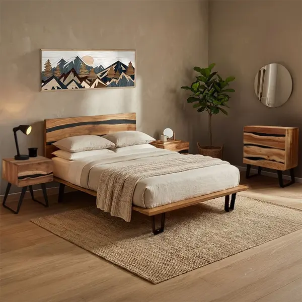 Set 4 buc. dormitor cadru pat si noptiere + comoda, Imena, Natural, 180x215x96 cm