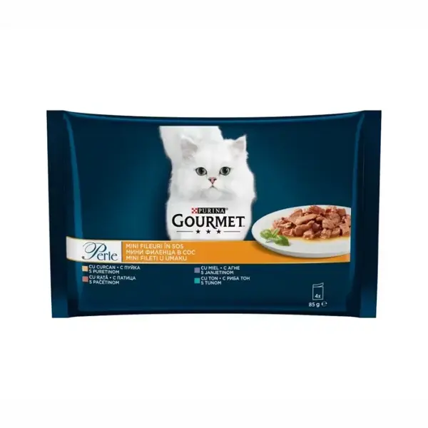 Set 4 buc x 85 gr Hrana umeda pentru pisici Gourmet Perle cu miel, rata, ton curcan