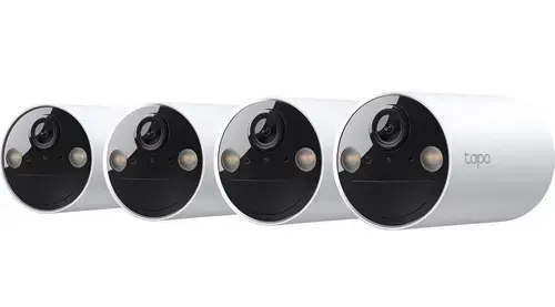Set 4 camere de supraveghere TP-Link Tapo C410, 3MP, 2K 2304x1296, Color Night Vision, detectie smart, Two-Way Audio, alarma luminoasa si sonora, acumulator, montare fara cabluri, IP65 (Alb)