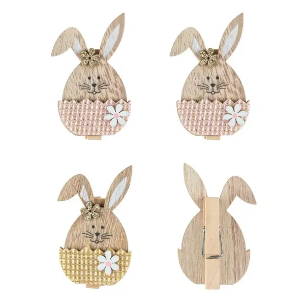 Set 4 carlige din lemn iepurasi colorati in ou cu floricele,6 cm