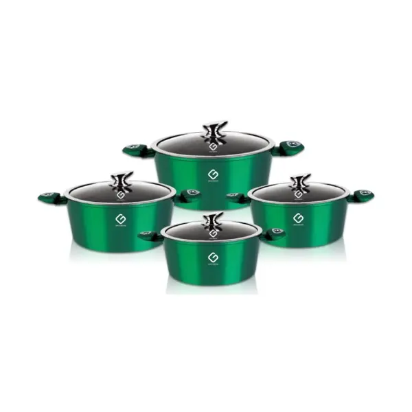 Set 4 Cratite din Aluminiu cu Capace din Sticla, Verzi, Compatibile cu Plita cu Inductie, Grunberg