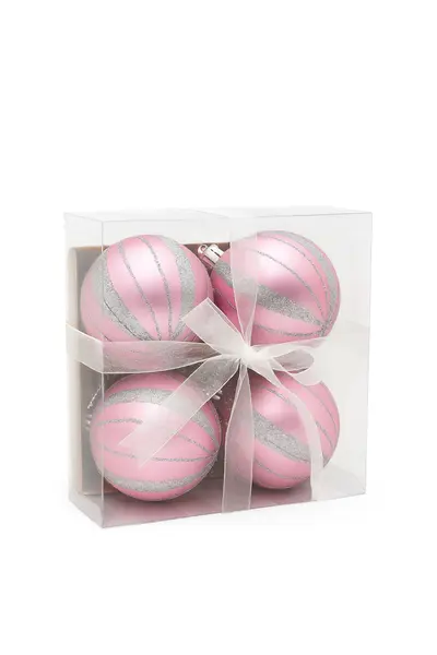 Set 4 globuri roz cu sclipici argintiu - ornamente brad Craciun, 16x16x7cm