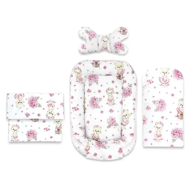 Set 4 in 1 Cosulet bebelus, MimiNu, Baby Cocoon 75x55 cm, Husa bumbac, Din bumbac certificat Oeko Tex Standard 100, Cu paturica 50x70 cm, Cu salteluta, Cu perna fluture, Design, Pink Ballerina