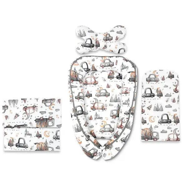 Set 4 in 1 Cosulet bebelus, MimiNu, Baby Cocoon 75x55 cm, Husa bumbac, Din bumbac certificat Oeko Tex Standard 100, Cu paturica 50x70 cm, Cu salteluta, Cu perna fluture, Design, Cars Grey