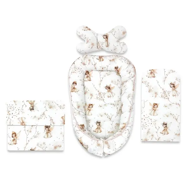 Set 4 in 1 Cosulet bebelus, MimiNu, Baby Cocoon 75x55 cm, Husa bumbac, Din bumbac certificat Oeko Tex Standard 100, Cu paturica 50x70 cm, Cu salteluta, Cu perna fluture, Fairy