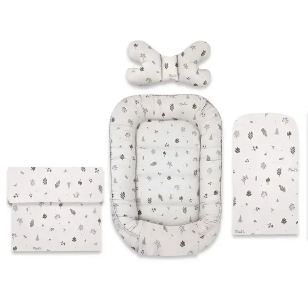 Set 4 in 1 Cosulet bebelus, MimiNu, Baby Cocoon 75x55 cm, Husa bumbac, Din bumbac certificat Oeko Tex Standard 100, Cu paturica 50x70 cm, Cu salteluta, Cu perna fluture, Leaves