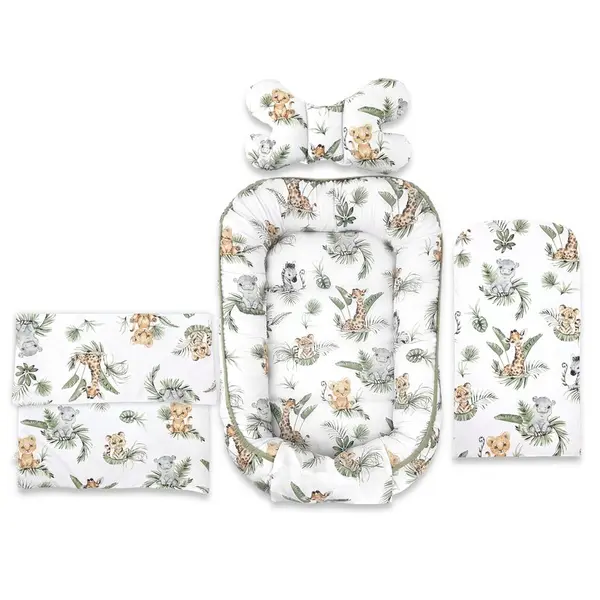 Set 4 in 1 Cosulet bebelus, Qmini, Baby Cocoon 75x55 cm, Din bumbac certificat Oeko Tex Standard 100, Cu paturica, Cu salteluta, Cu perna fluture, Safari