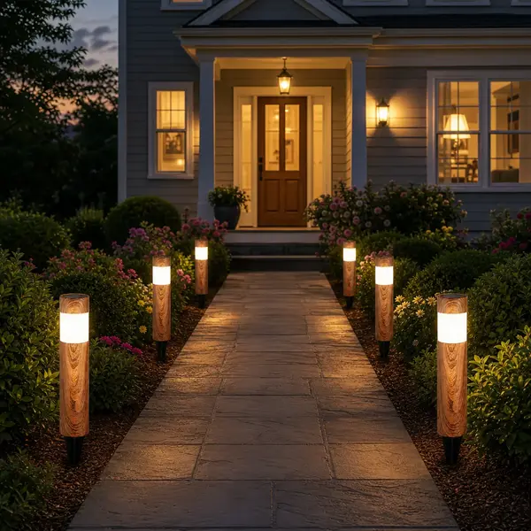 Set 4 Lampi Solare LED pentru Gradina si Alei Aspect Lemn Natural Aprindere Automata