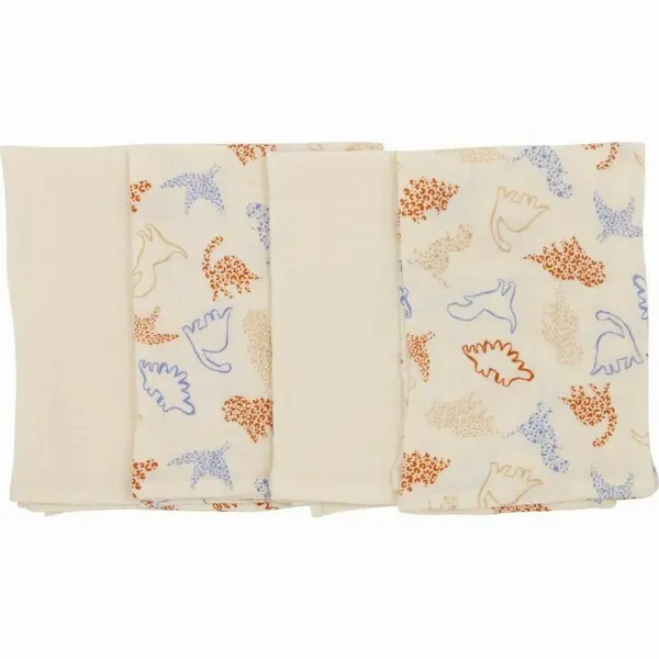 Set 4 lavete, Bubaba, Din muselina, Dimensiune 40x40 cm, Pentru spalarea si ingrijirea fetei si a corpului bebelusului dupa masa sau baita, Beige Animals