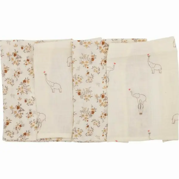 Set 4 lavete, Bubaba, Din muselina, Dimensiune 40x40 cm, Pentru spalarea si ingrijirea fetei si a corpului bebelusului dupa masa sau baita, Beige Elephant