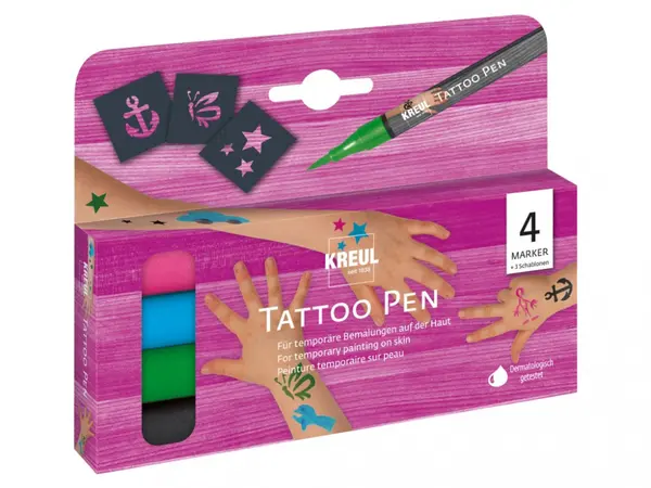 Set 4 Markere Party pentru tatuaje temporare cu 3 sabloane incluse,varf tip pensula