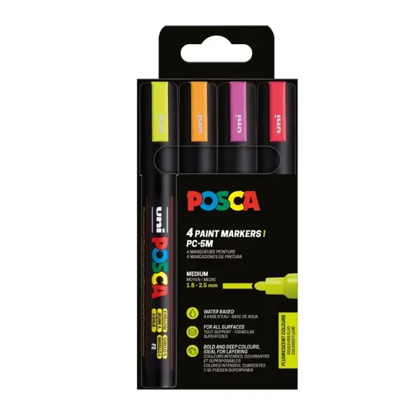 Set 4 markere UNI Posca PC-5M, varf rotund 1.8, 2.5 mm , culori fluorescente (orange, roz, rosu, galben)