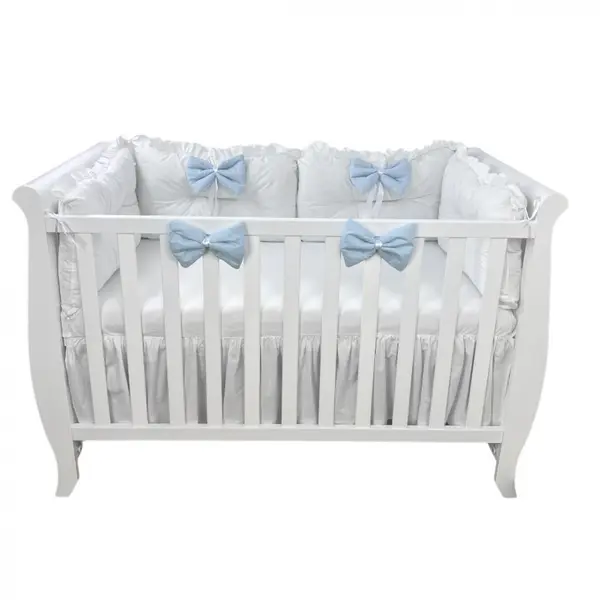 Set 4 perne aparatori super groase albe + cearsaf cu volanas si fundite 120x60 cm albastru pal
